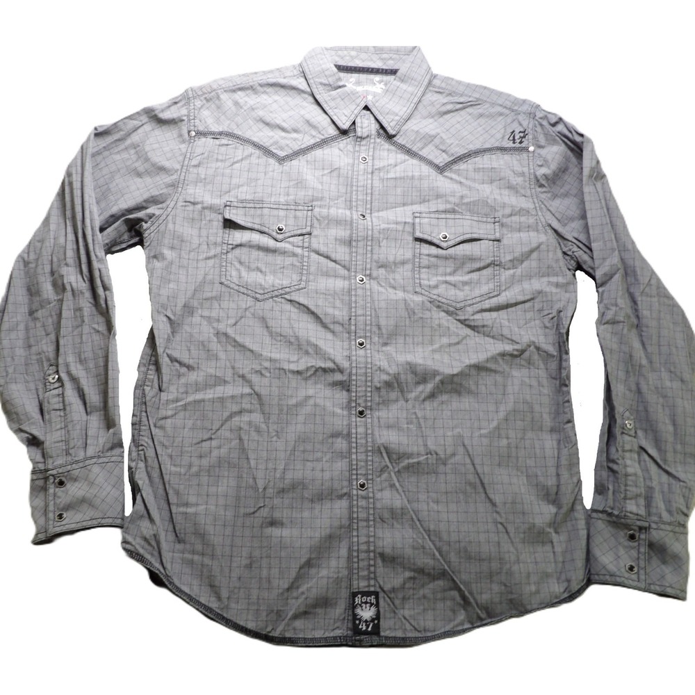 Rock 47 Men Long Sleeve Western Shirt Plaid Gray Cotton Snap Closure L Cowboy LS